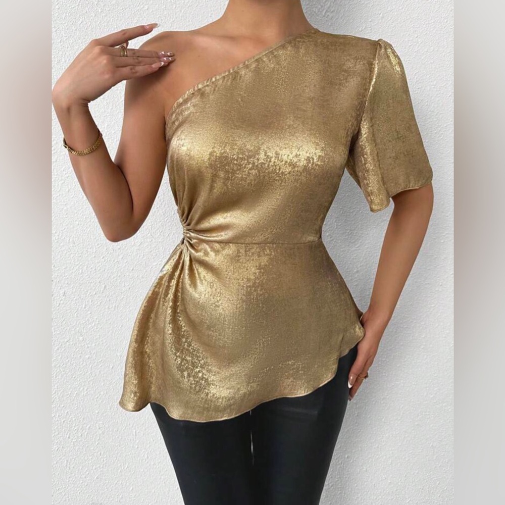 Metal texture hollow out One Shoulder Top Gold